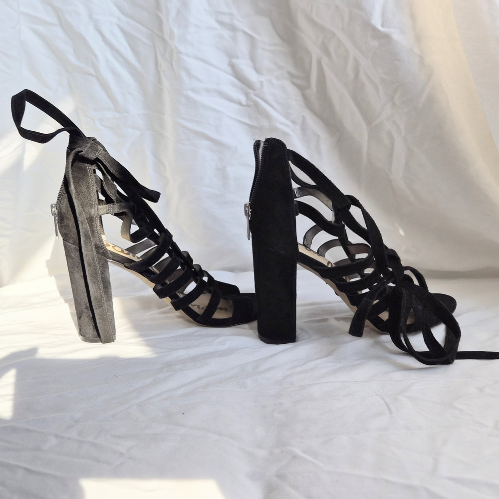Sam Edelman Black Suede Lace-Up Block Heel Sandals Suse 7.5